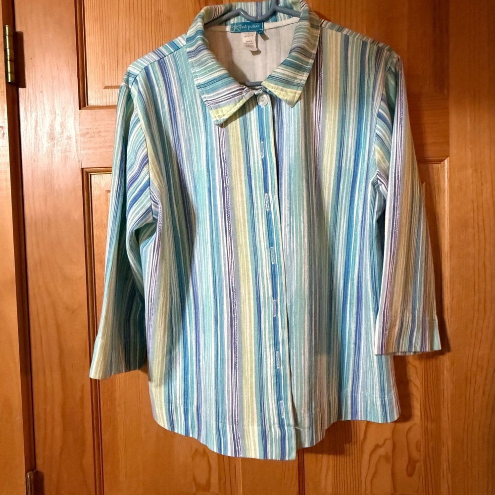 Fresh Produce Blue and Green Button Down Shirt with 3/4 Sleeves